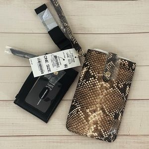 INC Amandaa Wristlet & Card Case Lanyard Camel Snake Gold